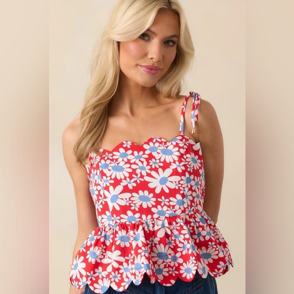 Entro scalloped tank top hem peplum tie straps babydoll bows daisy floral